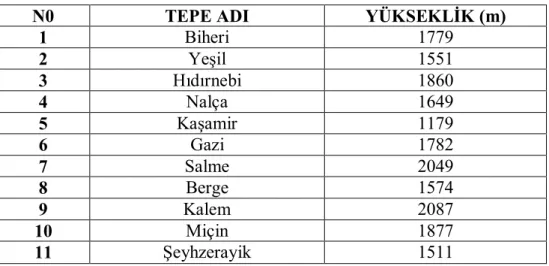 Çizelge 1.2. Çalışma Alanında yer alan belli başlı yükseltiler 