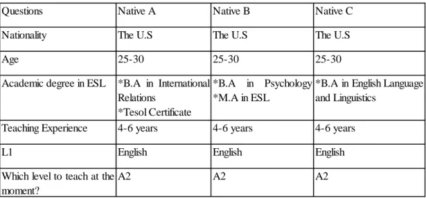 Table 3.5.1 Demographic information for the NS teachers 