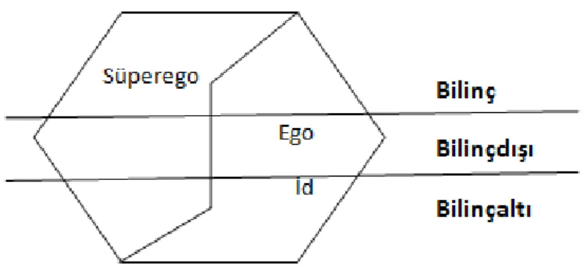 Şekil 1.1 Freud’un Psikanalitik Kuramında Kişiliğin Üçlü Yapısı  (Bozkurt, 2007)  Freud‟un öğrencisi olan  Erikson ise, kişinin  çocukluktan  yetişkinliğe kadar  geçirdiği  sekiz  evre  geçirdiğini  belirtmiştir