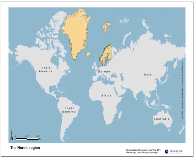 Şekil 1.1 Bir Alt Bölge Olarak Nordik Bölgesi (Nordregio İnternet Sitesi, 2014(a)) 