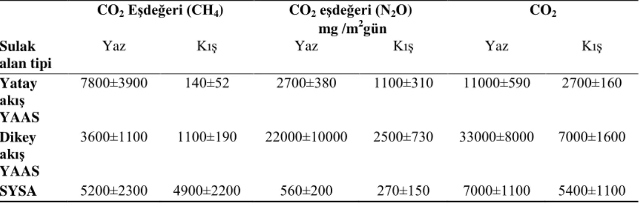 Çizelge  2.15.  ÇeĢitli  sulak  alan  tiplerinden  toplanan  sera  gazı  akıları  ve  bunların  karbondioksit eĢdeğerlikleri (Søvik vd