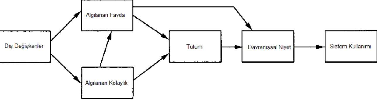 Şekil 3.1 Teknoloji Kabul Modeli (TAM - Technology Acceptance Model)  Kaynak: Davis, Bagozzi, Warshaw, 1989, s.985 