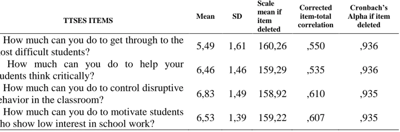 Table 4.8 Descriptive and Reliability Analysis for In-service Teachers’ TTSES Beliefs 