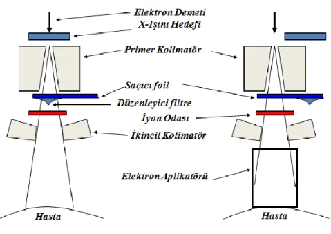 Şekil 2.18. Lineer hızlandırıcı ışınlama kafasında (a) X-ışını, (b) elektron üretimi sırasında kullanılan           bileşenler 