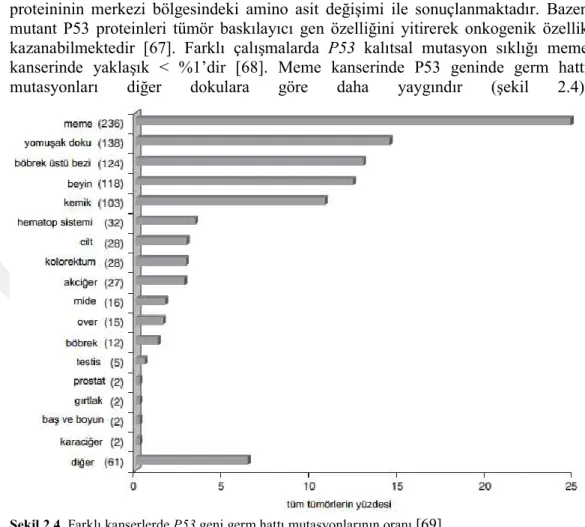 Şekil 2.4. Farklı kanserlerde P53 geni germ hattı mutasyonlarının oranı  [69]. 