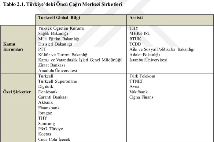 Tablo 2.1. Türkiye'deki Öncü Çağrı Merkezi Şirketleri 