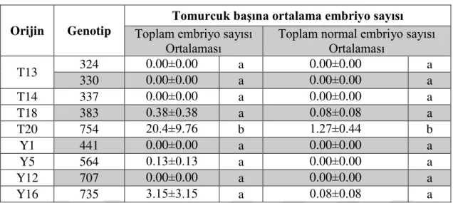 Çizelge  4.7’de  verilen  istatistik  analiz  sonuçlarına  göre,  çalkalayıcı  üzerinde  kültürleri bulunan 29 genotipten 6 adedi bulundukları ortama tepki göstermişlerdir