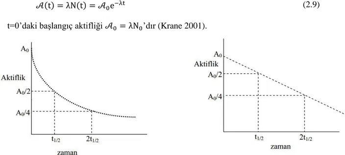Şekil  2.5. Aktifliğin üstel bozunumunun Lineer ve Logaritmik çizimleri (Krane 2001) 