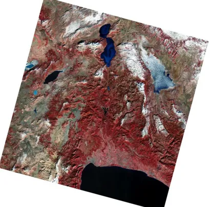 Şekil 3.4. Çalışma alanını kapsayan yanlış renk kombinasyonuyla açılmış 23 Aralık 2014  tarihli Landsat 8 OLI/TIRS uydu görüntüsü 