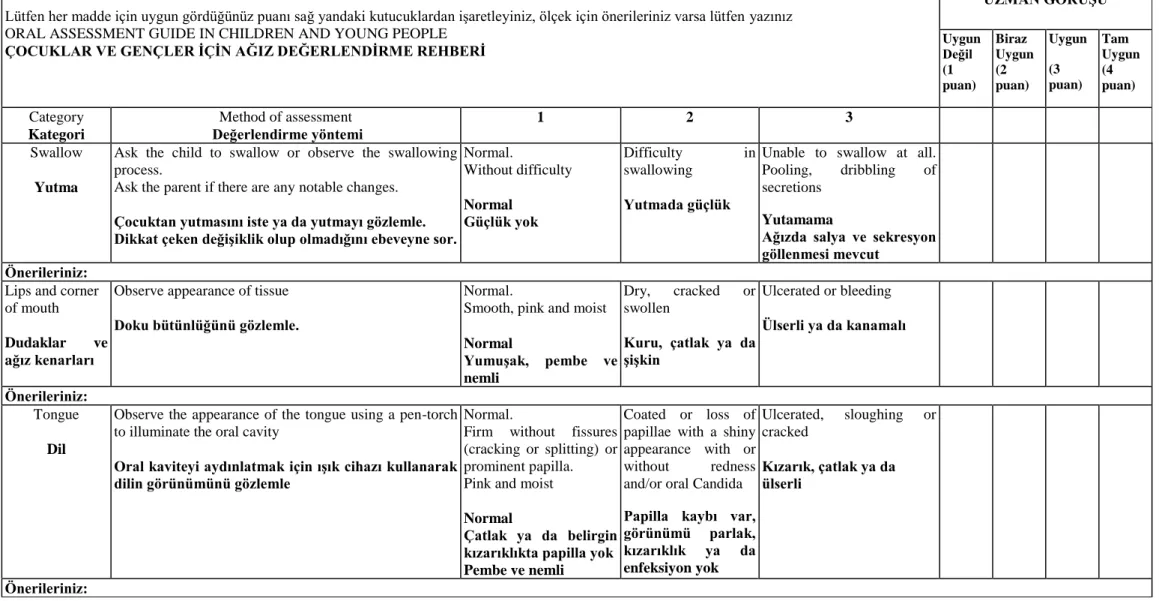 Tablo 4.4. Uzman Görüşü İçin Hazırlanan Çocuklar ve Gençler için Ağız Değerlendirme Rehberi 