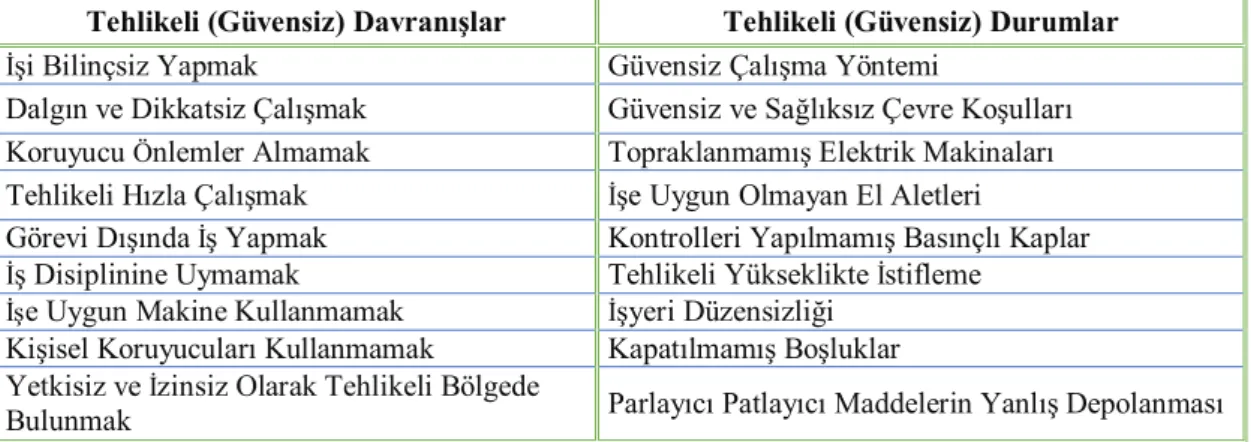 Çizelge 2.3. Güvensiz davranışlar ve güvensiz durumlar 