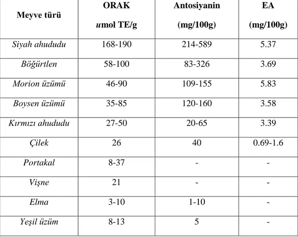 Tablo 2. Bazı meyve türlerinde EA ve antosiyanin miktarına bağlı gözlenen ORAK(Oksijen  Radikalleri Absorbans Kapasitesi) değerleri 