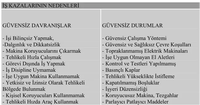 Çizelge 2.1 İş kazalarının nedenleri (Yılmaz 2003)  İŞ KAZALARININ NEDENLERİ 