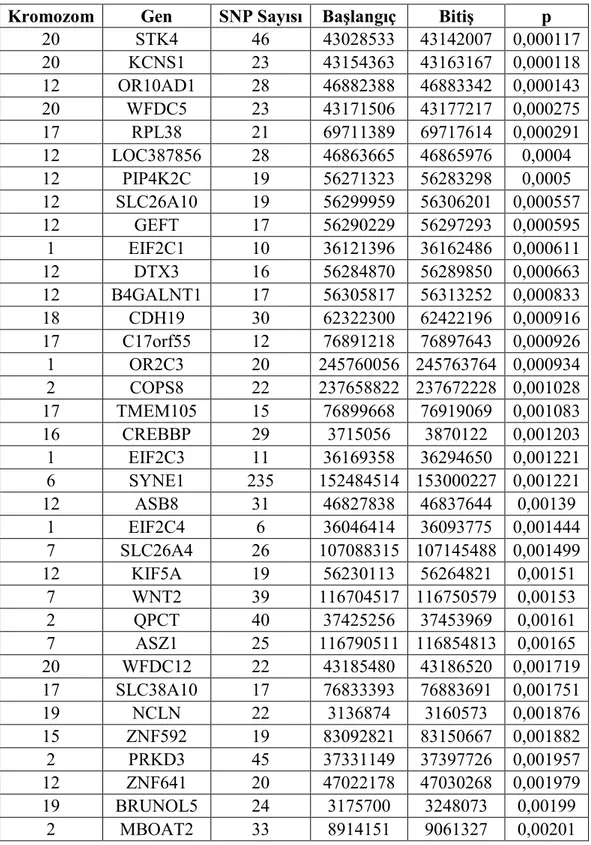 Tablo 4.2.  Kromozom  Gen  p  20  STK4  46  43028533  43142007  0,000117  20  KCNS1  23  43154363  43163167  0,000118  12  OR10AD1  28  46882388  46883342  0,000143  20  WFDC5  23  43171506  43177217  0,000275  17  RPL38  21  69711389  69717614  0,000291  