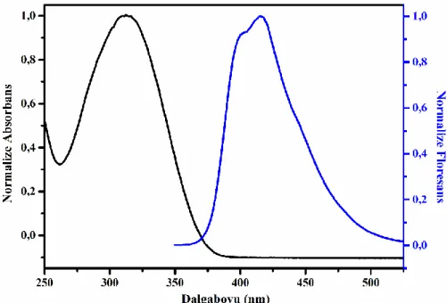 Şekil 4.19. 1-(2-azido-etil)-2,5-di-tiyofen-2-il-H-pirol’ün normalize UV-Vis ve  floresans spektrumları 
