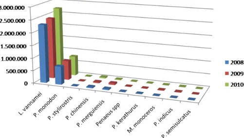 Şekil  1.1.Yetiştiriciliği  yapılan  karides  türlerinin  yıllara  göre  üretim  miktarları  (2008,  2009 ve 2010) (ton) (FAO 2012)