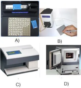 Şekil 3.7. A) TLD fırın tepsisi, TLD ve kaset, B) TLD’lerin metal tepsiye yerleştirilmesi, C) RADOS 2000 TLD  okuyucu, D) PTW-TLDO (Termolümünesans dozimetre fırını)  E) TLD fırın ısıtma şemaları 