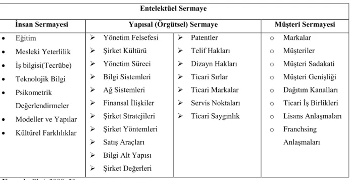 Tablo 1.5 Entelektüel Sermaye Unsurları ve Alt Bileşenleri  Entelektüel Sermaye 