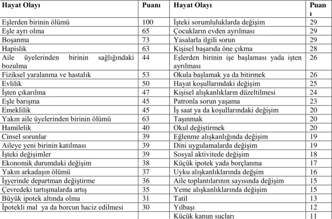 Tablo 2.2 Hayat Olayları Tablosu 