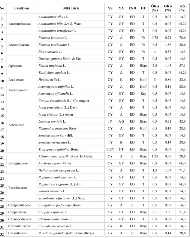 Çizelge 4.3. Perge Antik Kenti’nde saptanan türlerin listesi ve bazı özellikleri 