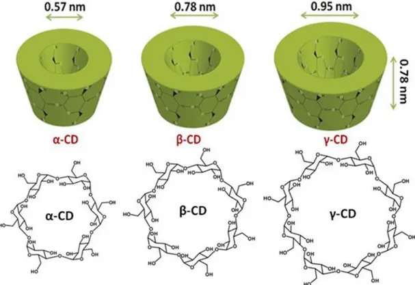 Şekil 1.4. α, β, γ siklodekstrin tiplerinin açık formül ve modellemeleri (Anon. 2016b)  Siklodekstrinler  üç  boyutlu  konik  silindir  şekillidirler  ve  kavite  olarak  isimlendirilen  iç  yüzeyleri  hidrofobik;  dış  yüzeyleri  ise  hidrofiliktir  (Şeki