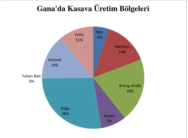 Şekil 1.1. Gana'da kasava üretim bölgeleri  (MOFA 2012) 