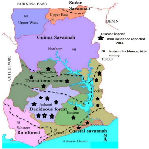 Şekil  3.1.  Gana'nın  büyük  Agro-ekolojik bölgelerindeki Kasava Bakteri Yanıklık  hastalığının coğrafik dağılımı  