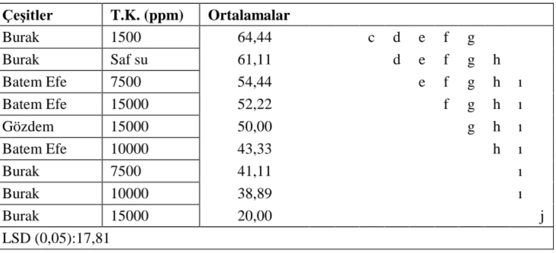 Çizelge 4.5’in Devamı  Çeşitler  T.K. (ppm)  Ortalamalar  Burak  1500  64,44  c  d  e  f  g  Burak  Saf su  61,11  d  e  f  g  h  Batem Efe  7500  54,44  e  f  g  h  ı    Batem Efe  15000  52,22  f  g  h  ı    Gözdem  15000  50,00  g  h  ı    Batem Efe  10