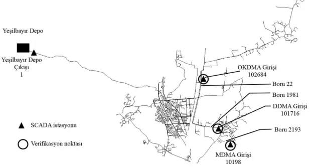 Şekil 3.12. Çalışma bölgesi için hidrolik model verifikasyon noktaları  3.4.3.  Klor modeli kalibrasyon ve verifikasyon çalışmaları   