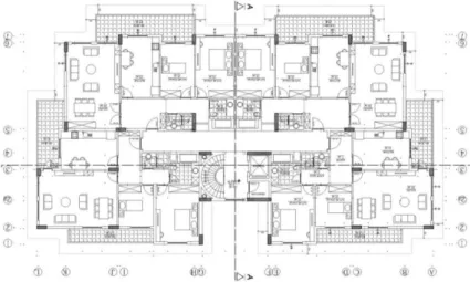 Şekil  3.1  ve  Şekil  3.2’de  sırasıyla  binaların  normal  kat  planı  ile  projenin  3  boyutlu  çizimi gösterilmiştir