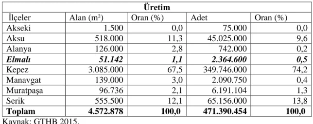 Çizelge 2.8. Antalya ilinde ilçelere göre örtü altı süs bitkisi yetiştiriciliği  Üretim 