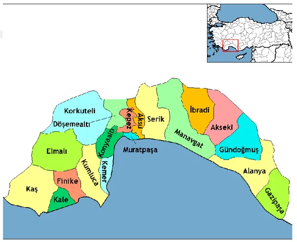Şekil 3.1. Antalya İli İlçelerini gösterir harita (Anonim 18) 3.1.1.  Araştırma alanının konumu ve nüfusu 