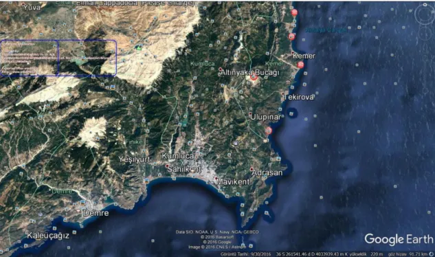 Şekil 3.2. Antalya İli Kumluca İlçesi’nin uydu görünümü (Google Earth, 2016) 