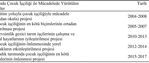 Çizelge 4.6. Çocuk işçiliğiyle mücadelede yürütülen projeler  Tarımda Çocuk İşçiliği ile Mücadelede Yürütülen 