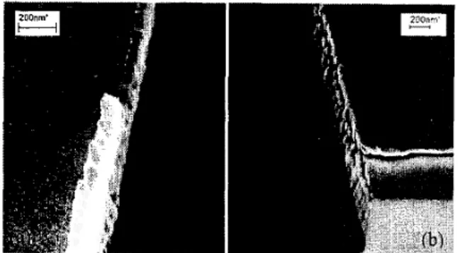 Fig.  I .   SEM  pictures  of  step  structures  on  LaAlO,  substrates;  a)  etched  using normal  incident ion beam  (left), b)  etched  using  &#34;Combinational  IBE&#34; 