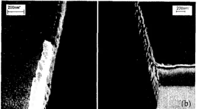 Fig.  I .   SEM  pictures  of  step  structures  on  LaAlO,  substrates;  a)  etched  using normal  incident ion beam  (left), b)  etched  using  "Combinational  IBE" 