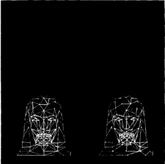 Fig. 3.  clockwise  (a)  The  first  and  (b)  the  second  frames  of  the  synthetic  image  sequence  with  globaland local  motion; (c) The  initial wireframe  and  (d) the rotated wireframe through the  estimated motion parameters pasted on  the  firs