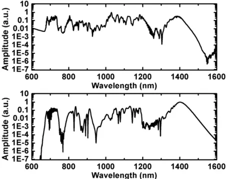 Figure 2.8: Experimental (upper fig.) and simulated (lower fig.) supercontinuum spectra obtained from 30 cm-long SC-3.7-975 photonic crystal fiber.