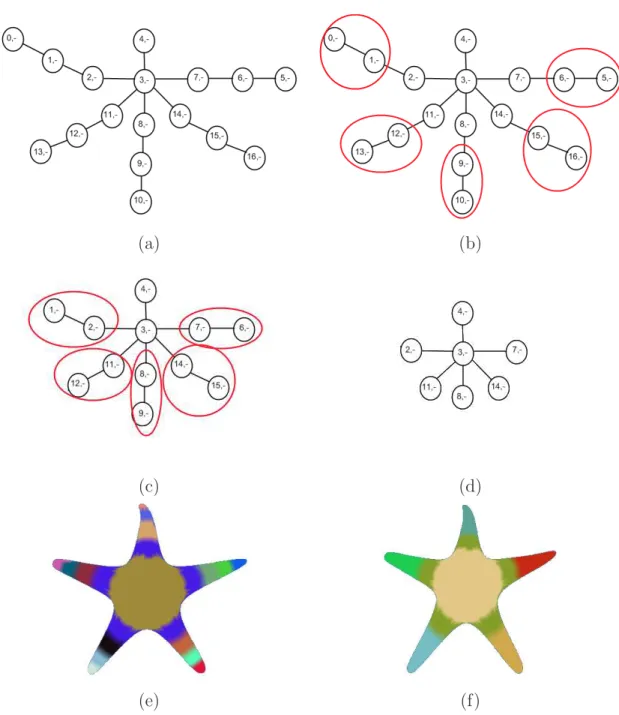 Figure 3.6: Mesh partitioning process illustrated for a sample model (a) Nodes obtained after pre-partitioning process, each circle contains the node number and the sign of the average mean curvature