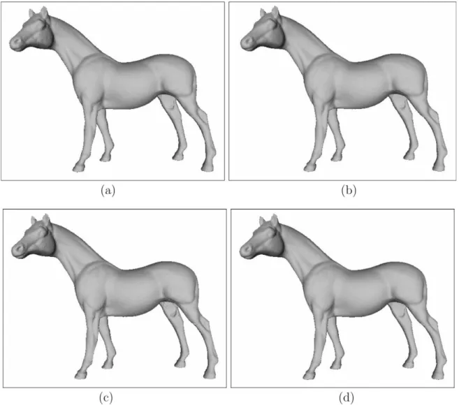 Fig. 10. (a) Base mesh of Bunny model constructed by the PGC algorithm (230 faces). The models reconstructed from (b) 5%, (c) 15%, (d) 50%, (e) 75% of the compressed stream