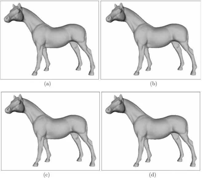 Fig. 10. (a) Base mesh of Bunny model constructed by the PGC algorithm (230 faces). The models reconstructed from (b) 5%, (c) 15%, (d) 50%, (e) 75% of the compressed stream