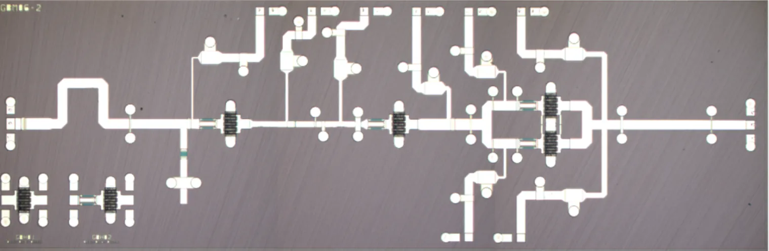 Fig. 2. Microscope image of the fabricated MMIC with test transistors.