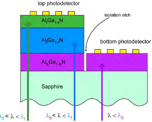 Figure  3.1:  Conceptual  drawing  of  the  dual  color  MSM  photodetector  cross- cross-section