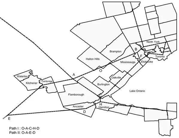 Fig. 6. The population centers and highway network of Southwestern Ontario.