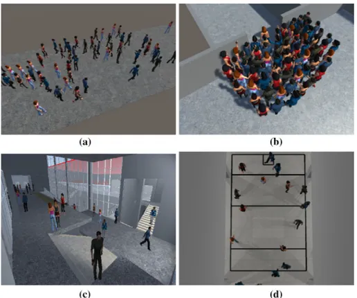 Fig. 5 Screenshots from simulations corresponding to the four example scenarios. Bidirectional flow, pas- pas-sageway, and chat scenarios include only hollow communications (i.e
