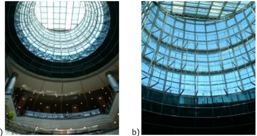 Figure 3.8. a) Glass dome ceiling located at the center of the atrium void and b) the details  of the dome structure
