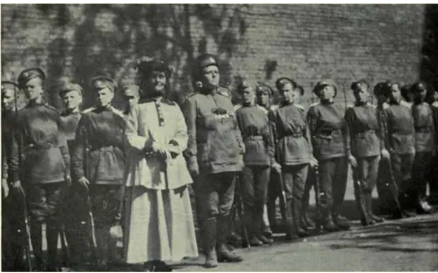 Figure 11. Maria Bochkareva , Emmeline Pankhurst and soldiers of the Women's Battalion