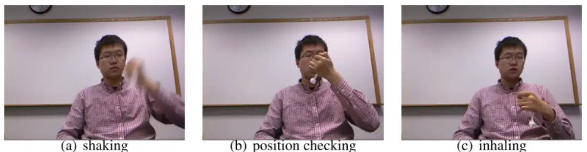 Figure 3.2: Some of the actions in the Inhaler Dataset [3]. Although shaking and position-checking actions can be detected visually, inhaling and exhaling actions do not have any visual cues and require other modalities such as audio