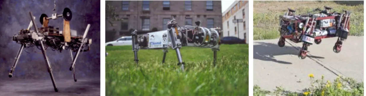 Figure 2.4: Raibert’s quadruped (left), SCOUT II platform (middle), PAW robot (right)