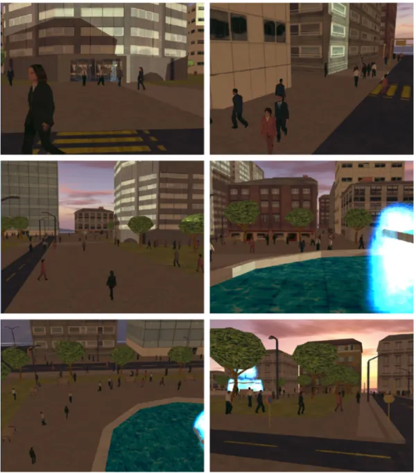Fig. 14 Still frames from a crowd simulation in a virtual environment (Video 1, WMV, 14.3 MB) [DOI: http://dx.doi.org/10.1117/1.OE.52.2.027002].